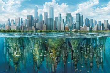 Naklejka premium A futuristic cityscape submerged underwater, with a vibrant coral reef and marine life thriving beneath the city.