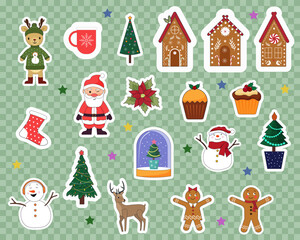 Set of stickers for Christmas and New Year. Santa Claus, snowmen and reindeer, gingerbread houses. Cup and muffin. Vector illustration