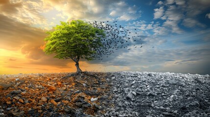 A lone tree stands amidst a landscape of waste and pollution, with birds flying away from the decaying environment.