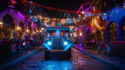 Obraz premium A vintage car drives through a brightly lit, festive street at night. The car's headlights illuminate the cobblestone street. Colorful decorations hang from the buildings.