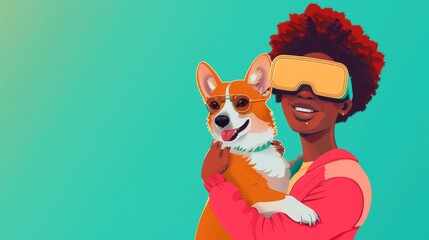 An AI-modeled African-American woman with curly Afro hair holds an adorable dog in VR googles