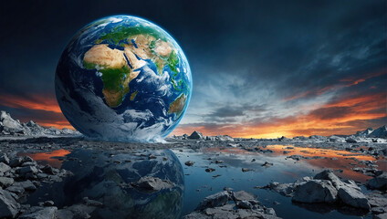 The Earth rests in a rocky, icy landscape at sunset, symbolizing the planet's vulnerability