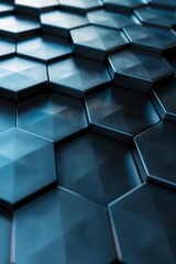 A geometric 3D background with hexagonal patterns creating a futuristic design The background features varying shades of blue and gray, with soft lighting to enhance the hexagons depth and texture