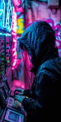 Cyberpunk alleyway, a digital nomad hacking into a console, low-key lighting, medium shot, neon graffiti on walls, misty atmosphere