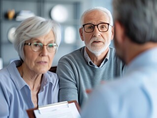 A retired couple discussing with a real estate agent about downsizing or relocating indicating planning for possible relocation or housing changes during retirement