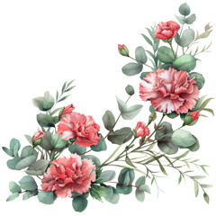Watercolor Sweet Carnation floral clipart , hand drawn flowers , greenery, eucalyptus,  , Botanical plant illustration transparent background, PNG