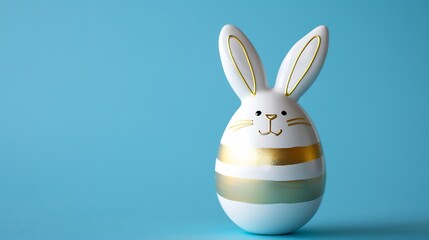 Obraz premium White Easter egg painted with golden stripes in cute bunny shaped egg cup on blue background