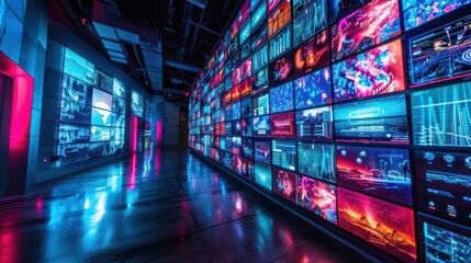 Obraz premium Vast wall of screens displaying a variety of digital content