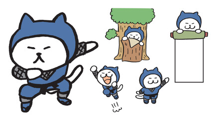 忍法を使うかわいい白猫忍者のキャライラスト