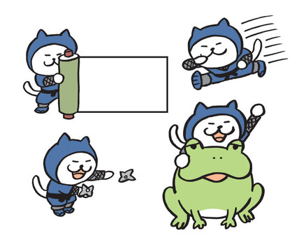 忍法を使うかわいい白猫忍者のキャライラスト
