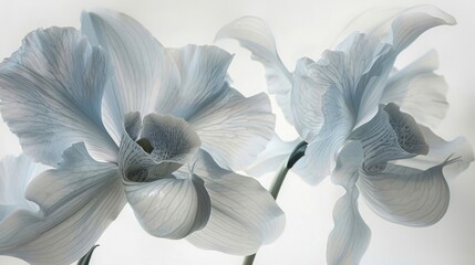 Naklejka na ściany i meble Delicate Cattleya orchids with blue and white petals create serene atmosphere, showcasing intricate details against soft background