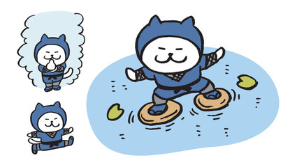 忍法を使うかわいい白猫忍者のキャライラスト © Tossan