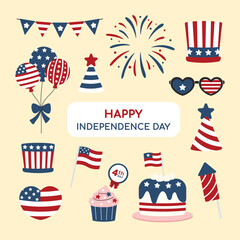 Independence Day celebration elements set, balloons, rail flag, hat, rocket confetti popper, sunglasses firework and cakes. Flat cartoon style vector illustration
