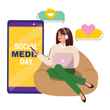 Social Media Day concept illustration with a young sitting woman wearing a headphone and using phone and laptop