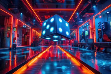 Fototapeta premium A cube is floating in the air in a futuristic setting