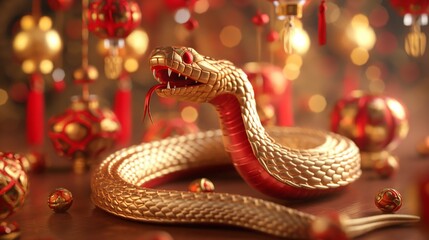 Fototapeta premium A golden snake figurine among red lanterns, symbolizing Chinese New Year celebration.
