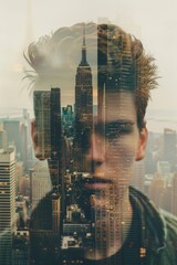 A surreal digital composite of a man's face seamlessly blending into a cityscape, symbolizing urban integration and identity