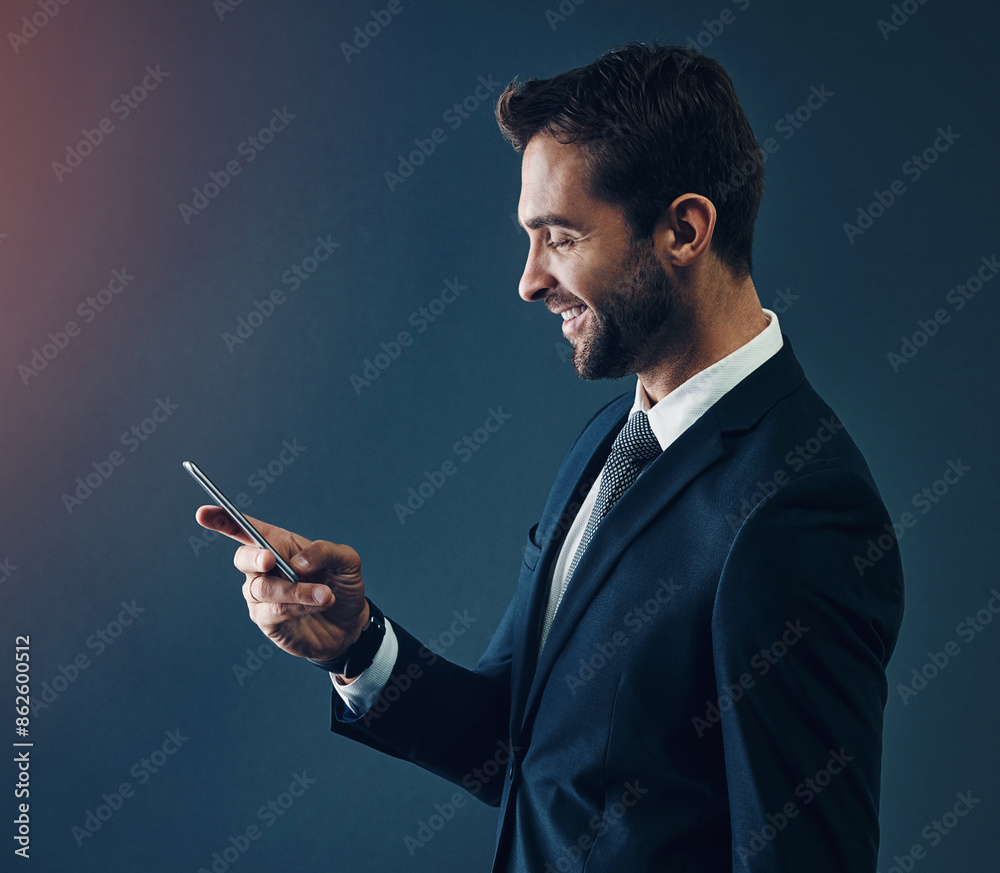 Poster businessman, profile and online with smartphone on studio background for corporate communication, di
