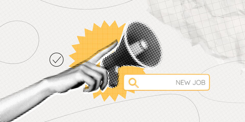 Trendy Halftone Collage Online Hiring. Hand with megaphone and search bar. Job search on internet. Career opportunity. Remote work. Offer about new vacancy. Contemporary vector illustration art