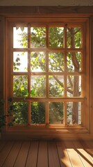 Fototapeta premium Sunlit wooden window with view of green trees and foliage, cozy indoor nature view concept