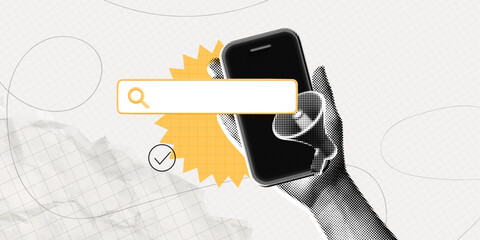 Trendy Halftone Collage Hand holds Phone with Megaphone and Search bar. Find information. Online hiring job. Cut out paper elements. Seo marketing and promotion. Contemporary vector illustration art