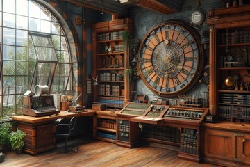 A steampunk-themed office featuring large intricate machinery, vintage gadgets, and books, captured in warm lighting, evoking a sense of creativity and innovation.