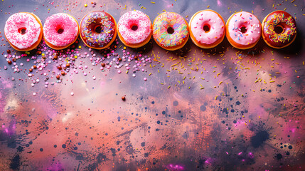 Delicious donuts with colorful sprinkles on a grunge background, celebrating national donut day