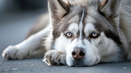 Fototapeta premium Close Up of Brown Eyed Siberian Husky Resting on Gray Surface