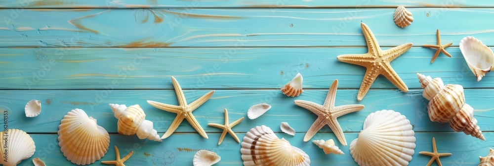 Wall mural Seashells and Starfish on a Blue Wooden Background - Wall murals