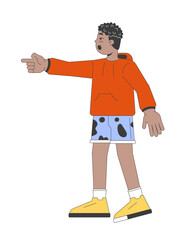 African american boy pointing finger 2D linear cartoon character. Excited male child isolated line vector person white background. Demonstrating happy. Kid enthusiasm color flat spot illustration