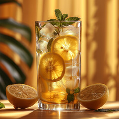 A glass of cold lemonade with lemon, mint and ice on a yellow and white background with a palm leaf. The concept of a refreshing and healthy drink on a hot summer day. Made with generative ai