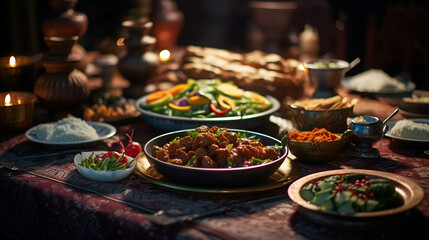 A visually captivating display of various succulent dishes, cheeses, fruits, desserts. AI generative.