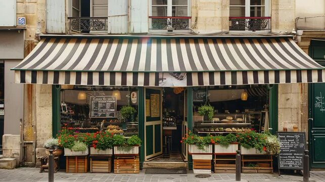 Video of classic French cafe with a striped awning and vintage building. Architecture concept idea.