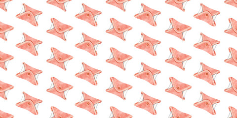 Menstrual period. Seamless pattern, endless background. Friends of eco hygiene menstruation. Homemade, sewn, reusable fabric pads for every day. Women's daily sanitary pads. Watercolor hand drawn illu