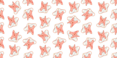 Menstrual period. Seamless pattern, endless background. Friends of eco hygiene menstruation. Homemade, sewn, reusable fabric pads for every day. Women's daily sanitary pads. Watercolor hand drawn illu