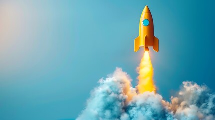 Yellow toy rocket flying launch with smoke on blue background