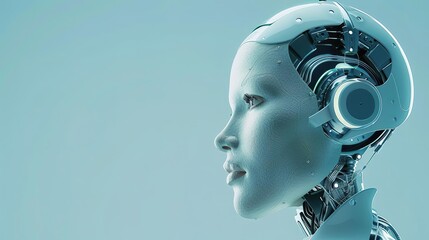 Profile of robot face, detailed circuit pattern, blue background, machine learning, technological progress isolated on soft plain pastel solid background