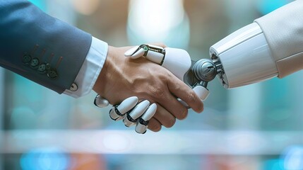 Business handshake with robot, modern office, blue hues, AGI partnership, technological progress isolated on soft plain pastel solid background