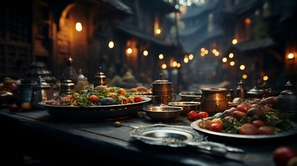 A visually captivating display of various succulent dishes, cheeses, fruits, desserts. AI generative.