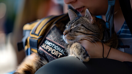 Cat wearing emotional support harness on a person's lap.