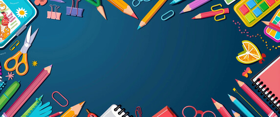 A border of colorful school supplies like pencils, scissors, and paperclips arranged on a blue background, perfect for back-to-school themes and educational content
