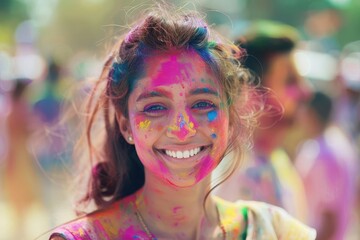 joyful portrait of an indian girl covered in vibrant holi colors her radiant smile beaming through a haze of colorful powder festive crowd blurs in the background capturing cultural celebration