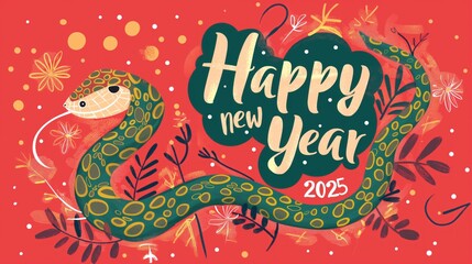 Vibrant New Year 2025 greeting card with snake illustration.