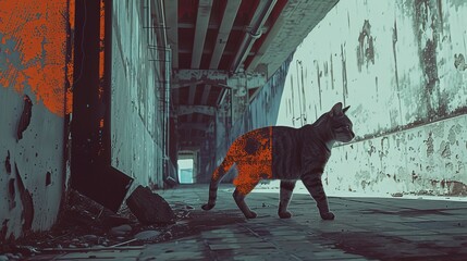Enigmatic cat prowls across rusted steel bridge. Surreal teal atmosphere bathes the scene. Abandoned urban structure looms in background. Cat's fur glows with bioluminescent patterns. 
