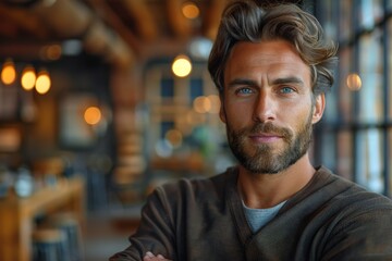 Obraz premium A handsome man with striking blue eyes stands with a serious expression in a rustic indoor setting, surrounded by warm lighting and a blurred background giving depth.