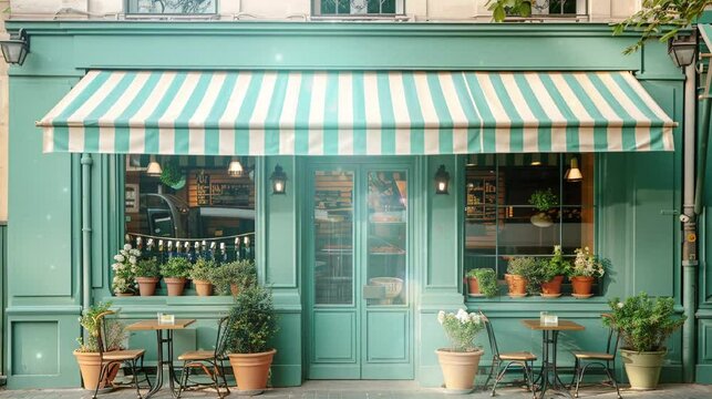 Video of classic French cafe with a striped awning and vintage building. Architecture concept idea.