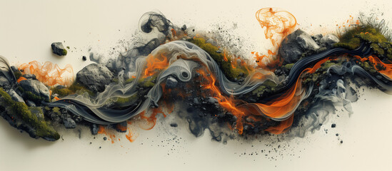 A series of abstract geological formations in shades of orange, grey, and black, showcasing intricate patterns and fluid wave-like structures. Perfect for artistic and geological themes