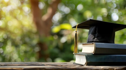 Black graduation hat on stack of books lying on wooden table with blurred nature background