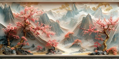 Papercut Landscape with Blooming Cherry Trees,Volumetric stucco molding on a concrete wall with golden elements, Japanese landscape, = mountains