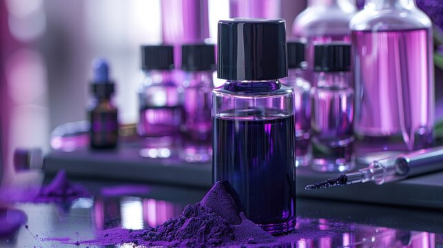 Potassium permanganate liquid on laboratory table among cosmetic chemicals